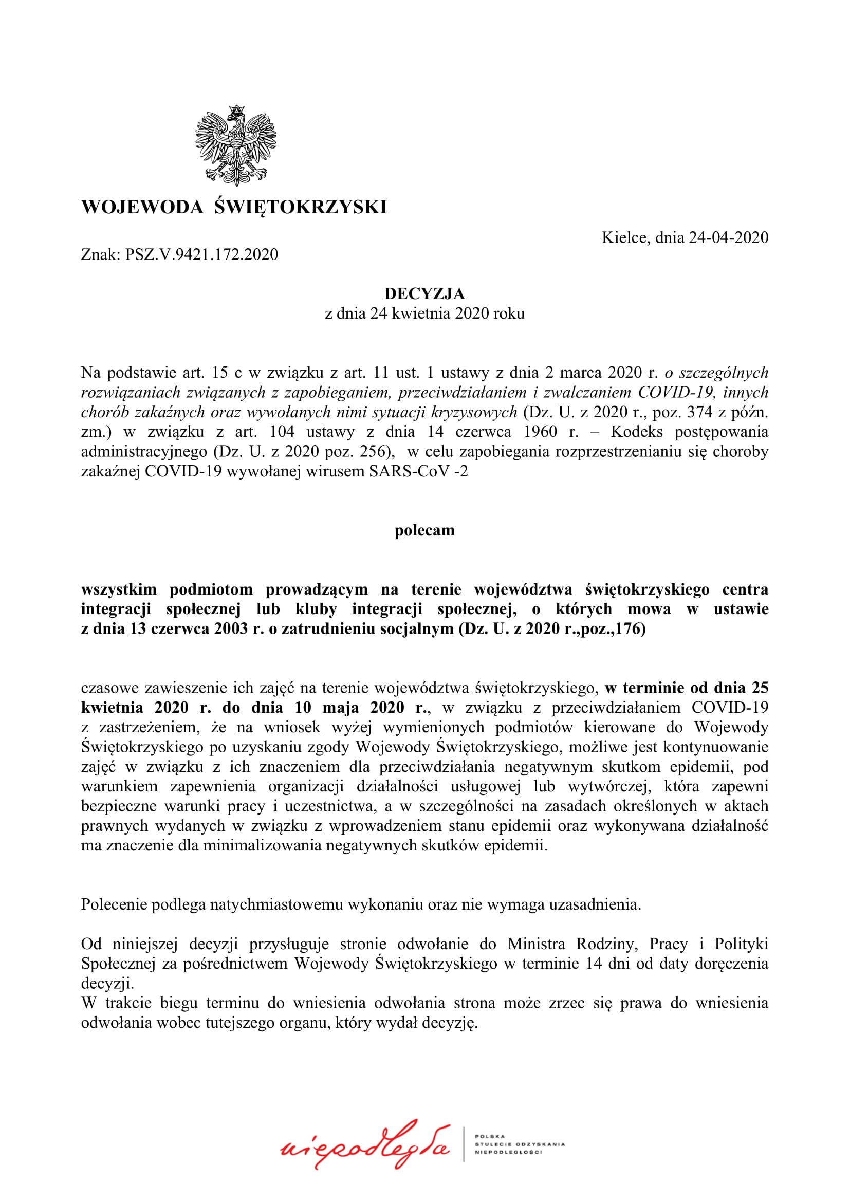 Decyzja Wojewody dot czasowego zawieszenia CIS i KIS z dn 24 04 20 1 1