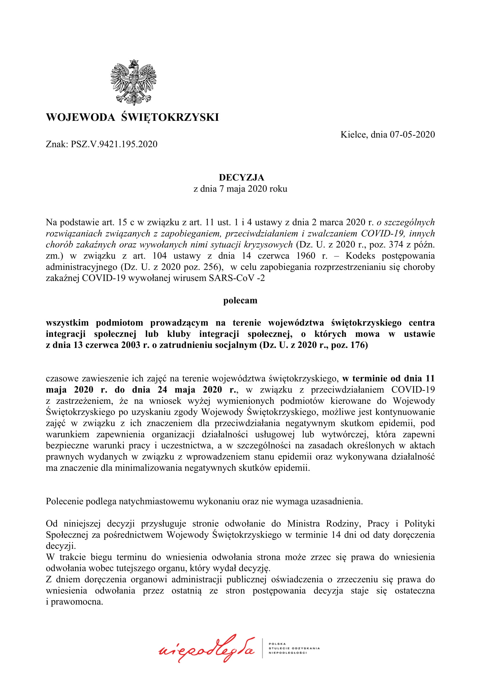 Decyzja Wojewody Swietokrzyskiego dot czasowego zawieszenia dzialalnosci CIS i KIS 1